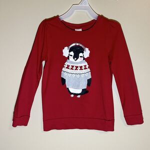 Gymboree Size 5 Holiday Red Penguin Shirt Ear Muffs Glitter Sequins